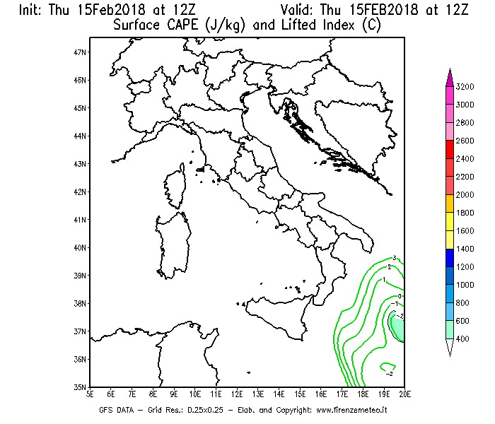 Mappa di analisi GFS - CAPE [J/kg] e Lifted Index [°C] in Italia
									del 15/02/2018 12 <!--googleoff: index-->UTC<!--googleon: index-->