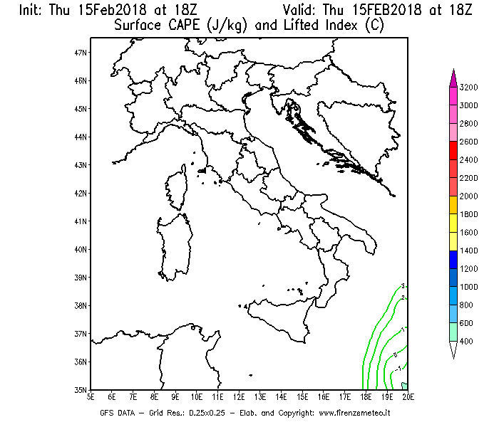 Mappa di analisi GFS - CAPE [J/kg] e Lifted Index [°C] in Italia
									del 15/02/2018 18 <!--googleoff: index-->UTC<!--googleon: index-->