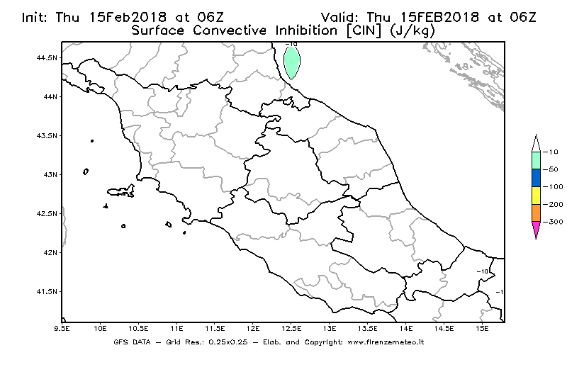 Mappa di analisi GFS - CIN [J/kg] in Centro-Italia
							del 15/02/2018 06 <!--googleoff: index-->UTC<!--googleon: index-->