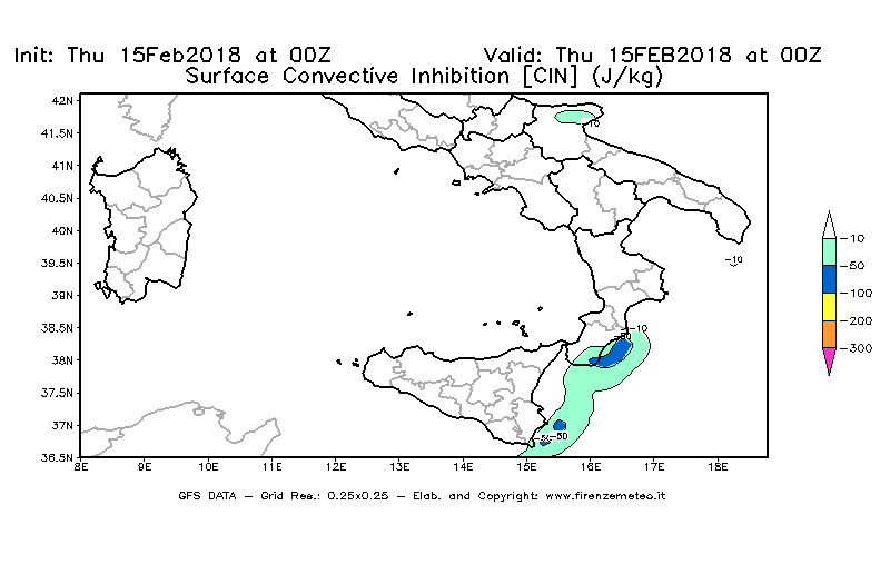 Mappa di analisi GFS - CIN [J/kg] in Sud-Italia
							del 15/02/2018 00 <!--googleoff: index-->UTC<!--googleon: index-->