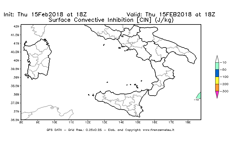 Mappa di analisi GFS - CIN [J/kg] in Sud-Italia
									del 15/02/2018 18 <!--googleoff: index-->UTC<!--googleon: index-->