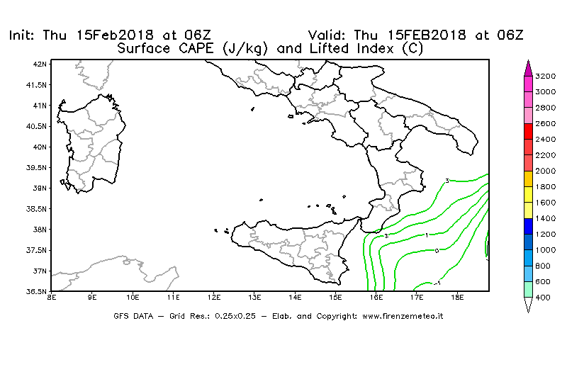 Mappa di analisi GFS - CAPE [J/kg] e Lifted Index [°C] in Sud-Italia
									del 15/02/2018 06 <!--googleoff: index-->UTC<!--googleon: index-->