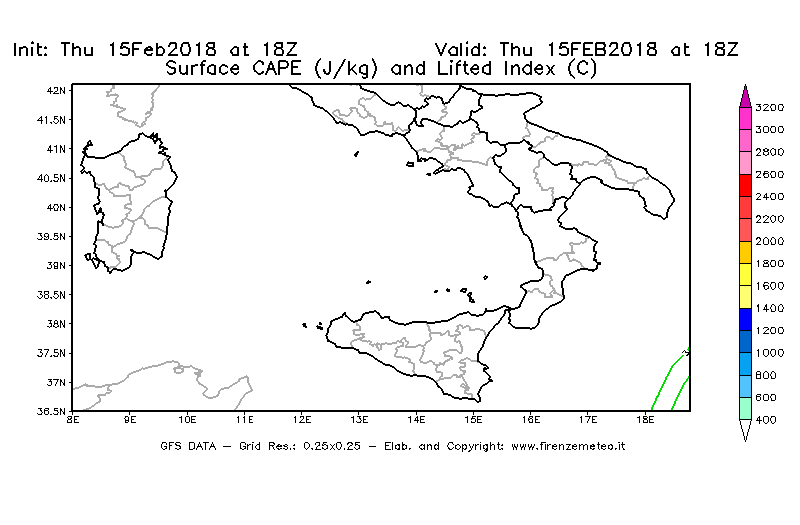 Mappa di analisi GFS - CAPE [J/kg] e Lifted Index [°C] in Sud-Italia
									del 15/02/2018 18 <!--googleoff: index-->UTC<!--googleon: index-->