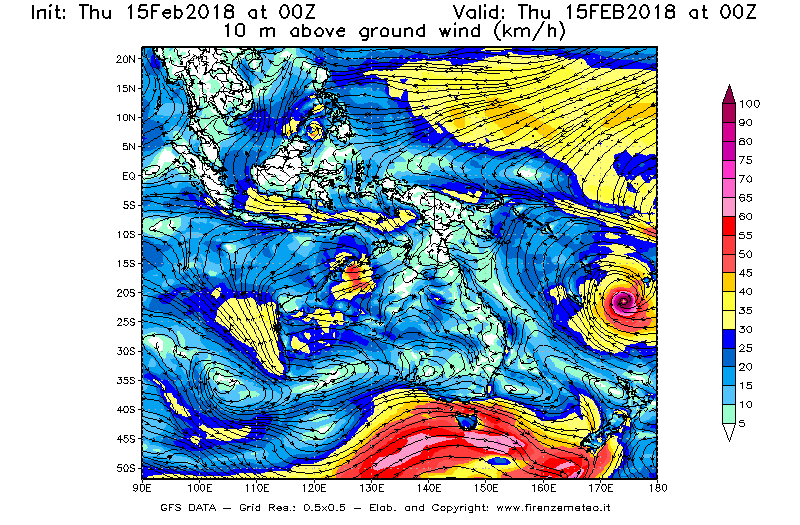 Mappa di analisi GFS - Velocità del vento a 10 metri dal suolo [km/h] in Oceania
									del 15/02/2018 00 <!--googleoff: index-->UTC<!--googleon: index-->