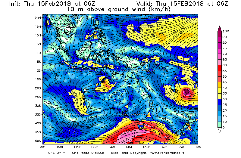 Mappa di analisi GFS - Velocità del vento a 10 metri dal suolo [km/h] in Oceania
							del 15/02/2018 06 <!--googleoff: index-->UTC<!--googleon: index-->
