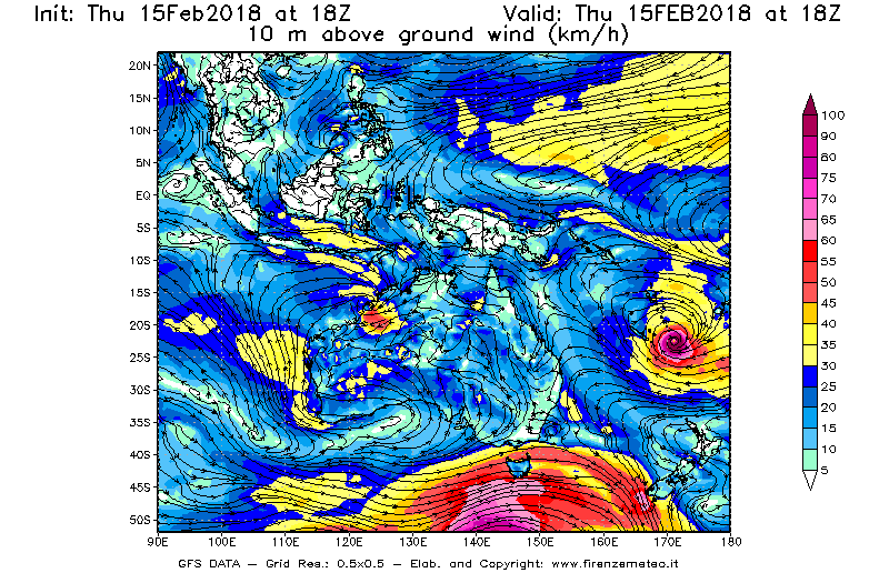 Mappa di analisi GFS - Velocità del vento a 10 metri dal suolo [km/h] in Oceania
									del 15/02/2018 18 <!--googleoff: index-->UTC<!--googleon: index-->