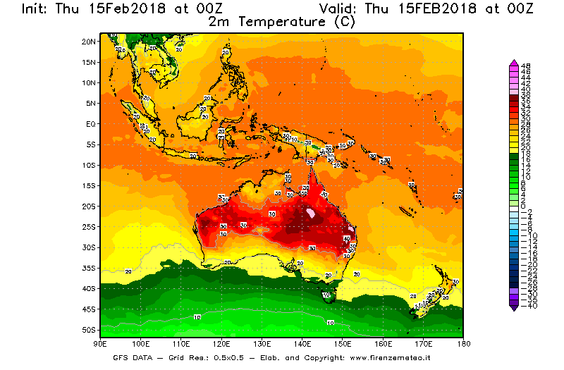 Mappa di analisi GFS - Temperatura a 2 metri dal suolo [°C] in Oceania
							del 15/02/2018 00 <!--googleoff: index-->UTC<!--googleon: index-->