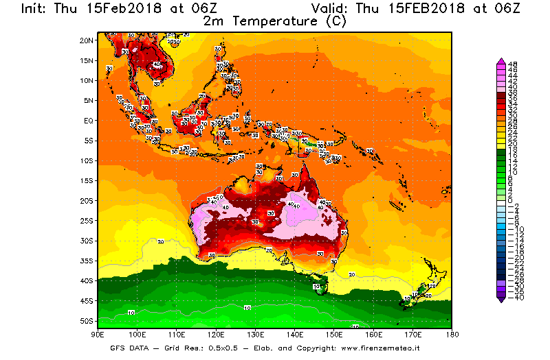 Mappa di analisi GFS - Temperatura a 2 metri dal suolo [°C] in Oceania
									del 15/02/2018 06 <!--googleoff: index-->UTC<!--googleon: index-->