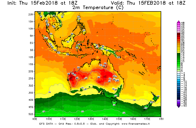 Mappa di analisi GFS - Temperatura a 2 metri dal suolo [°C] in Oceania
									del 15/02/2018 18 <!--googleoff: index-->UTC<!--googleon: index-->