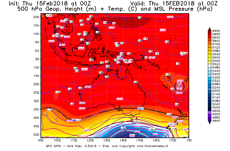 Mappa di analisi GFS - Geopotenziale [m] + Temp. [°C] a 500 hPa + Press. a livello del mare [hPa] in Oceania
							del 15/02/2018 00 <!--googleoff: index-->UTC<!--googleon: index-->