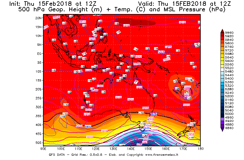 Mappa di analisi GFS - Geopotenziale [m] + Temp. [°C] a 500 hPa + Press. a livello del mare [hPa] in Oceania
									del 15/02/2018 12 <!--googleoff: index-->UTC<!--googleon: index-->