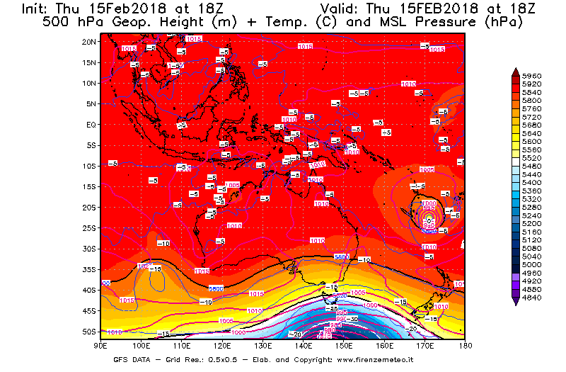 Mappa di analisi GFS - Geopotenziale [m] + Temp. [°C] a 500 hPa + Press. a livello del mare [hPa] in Oceania
									del 15/02/2018 18 <!--googleoff: index-->UTC<!--googleon: index-->