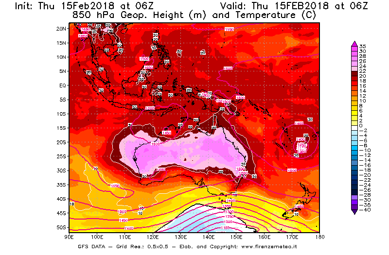 Mappa di analisi GFS - Geopotenziale [m] e Temperatura [°C] a 850 hPa in Oceania
							del 15/02/2018 06 <!--googleoff: index-->UTC<!--googleon: index-->