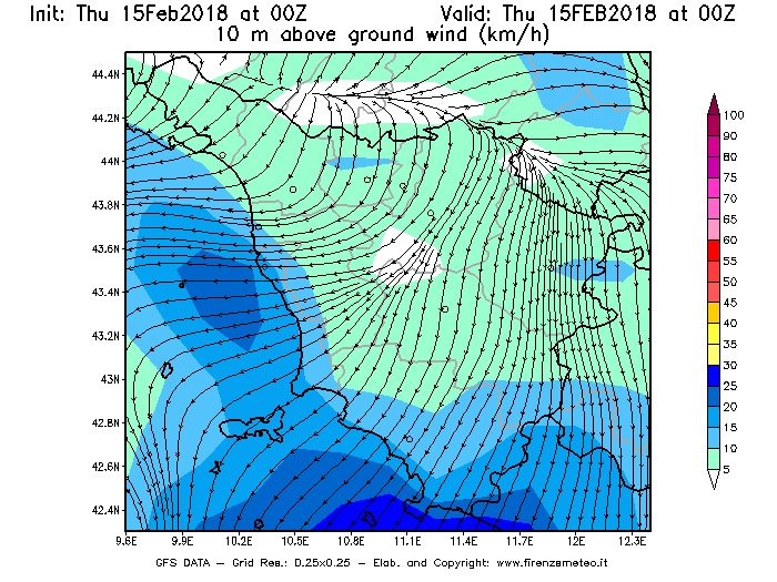 Mappa di analisi GFS - Velocità del vento a 10 metri dal suolo [km/h] in Toscana
									del 15/02/2018 00 <!--googleoff: index-->UTC<!--googleon: index-->