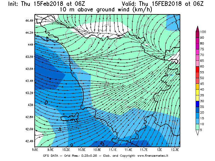 Mappa di analisi GFS - Velocità del vento a 10 metri dal suolo [km/h] in Toscana
							del 15/02/2018 06 <!--googleoff: index-->UTC<!--googleon: index-->