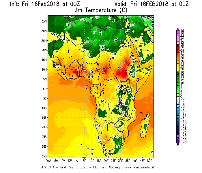 Mappa di analisi GFS - Temperatura a 2 metri dal suolo [°C] in Africa
							del 16/02/2018 00 <!--googleoff: index-->UTC<!--googleon: index-->