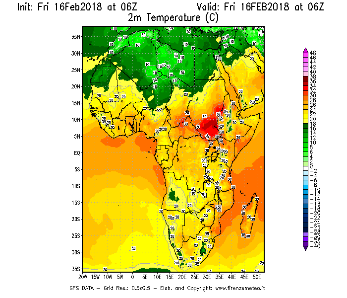 Mappa di analisi GFS - Temperatura a 2 metri dal suolo [°C] in Africa
							del 16/02/2018 06 <!--googleoff: index-->UTC<!--googleon: index-->