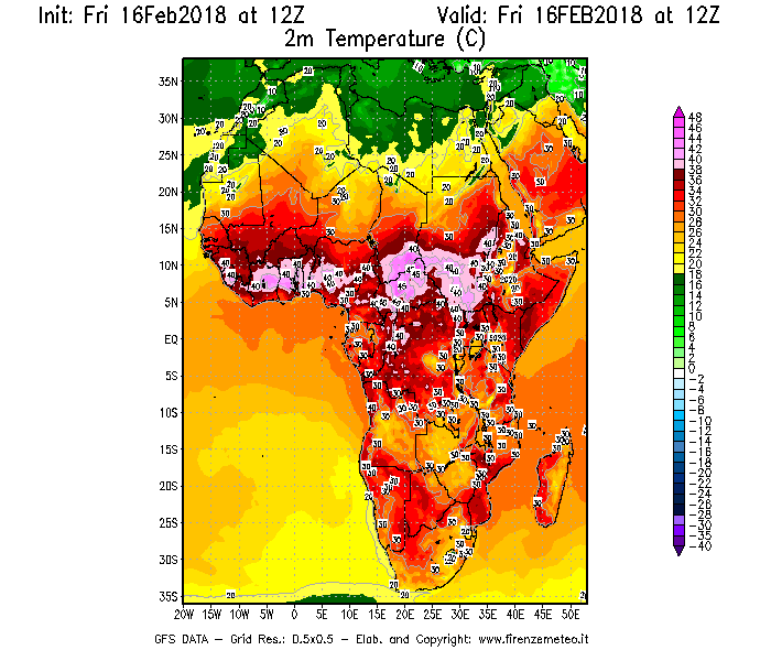 Mappa di analisi GFS - Temperatura a 2 metri dal suolo [°C] in Africa
							del 16/02/2018 12 <!--googleoff: index-->UTC<!--googleon: index-->