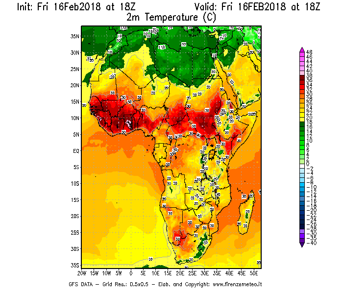 Mappa di analisi GFS - Temperatura a 2 metri dal suolo [°C] in Africa
							del 16/02/2018 18 <!--googleoff: index-->UTC<!--googleon: index-->