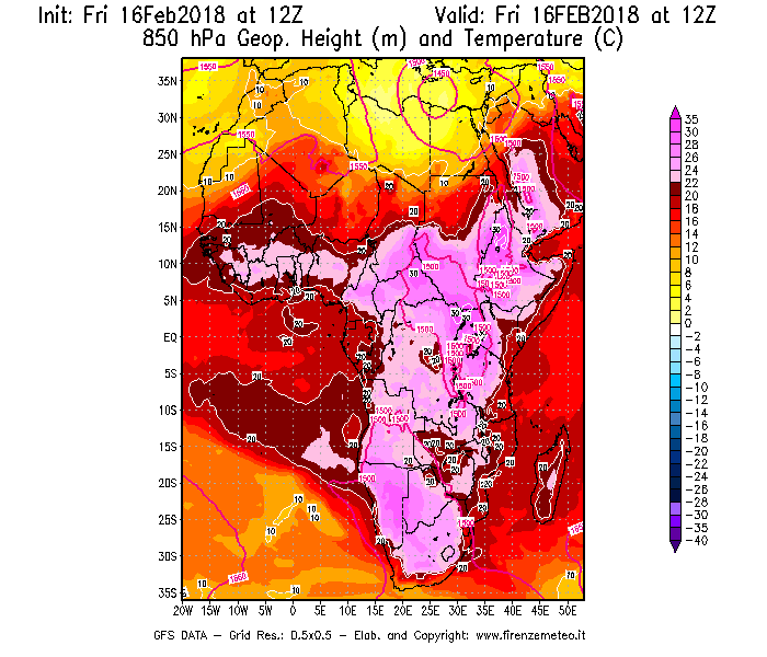 Mappa di analisi GFS - Geopotenziale [m] e Temperatura [°C] a 850 hPa in Africa
							del 16/02/2018 12 <!--googleoff: index-->UTC<!--googleon: index-->