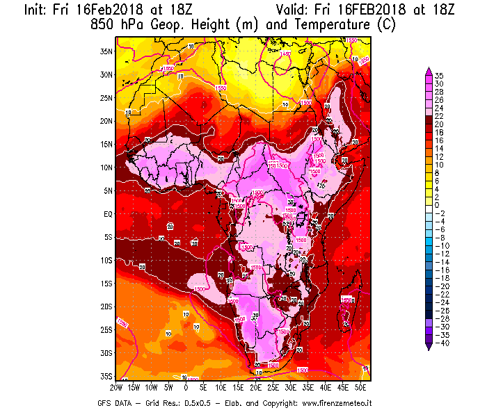 Mappa di analisi GFS - Geopotenziale [m] e Temperatura [°C] a 850 hPa in Africa
							del 16/02/2018 18 <!--googleoff: index-->UTC<!--googleon: index-->