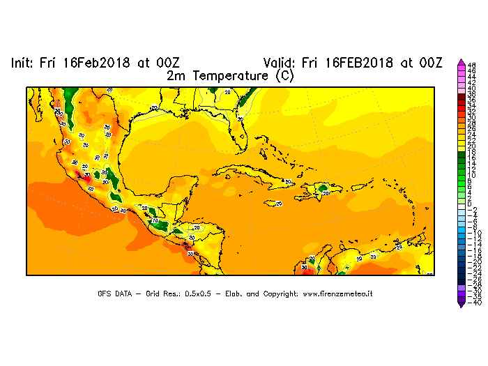 Mappa di analisi GFS - Temperatura a 2 metri dal suolo [°C] in Centro-America
							del 16/02/2018 00 <!--googleoff: index-->UTC<!--googleon: index-->