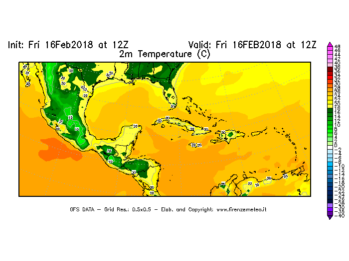 Mappa di analisi GFS - Temperatura a 2 metri dal suolo [°C] in Centro-America
							del 16/02/2018 12 <!--googleoff: index-->UTC<!--googleon: index-->