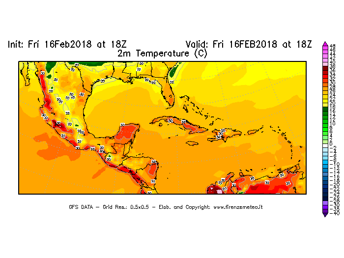 Mappa di analisi GFS - Temperatura a 2 metri dal suolo [°C] in Centro-America
							del 16/02/2018 18 <!--googleoff: index-->UTC<!--googleon: index-->
