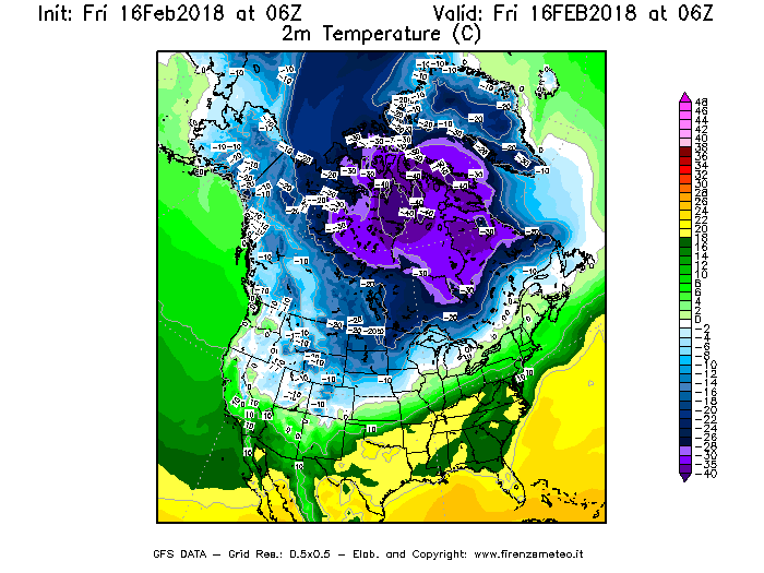 Mappa di analisi GFS - Temperatura a 2 metri dal suolo [°C] in Nord-America
							del 16/02/2018 06 <!--googleoff: index-->UTC<!--googleon: index-->