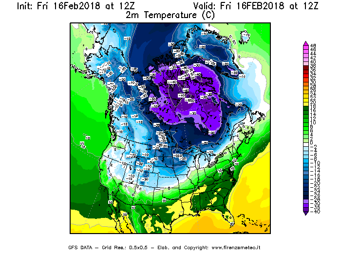 Mappa di analisi GFS - Temperatura a 2 metri dal suolo [°C] in Nord-America
							del 16/02/2018 12 <!--googleoff: index-->UTC<!--googleon: index-->