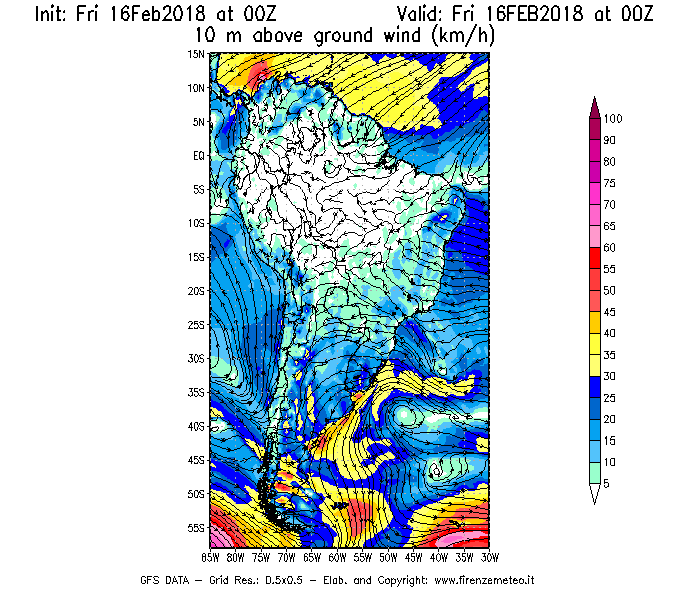 Mappa di analisi GFS - Velocità del vento a 10 metri dal suolo [km/h] in Sud-America
							del 16/02/2018 00 <!--googleoff: index-->UTC<!--googleon: index-->