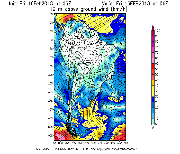 Mappa di analisi GFS - Velocità del vento a 10 metri dal suolo [km/h] in Sud-America
							del 16/02/2018 06 <!--googleoff: index-->UTC<!--googleon: index-->