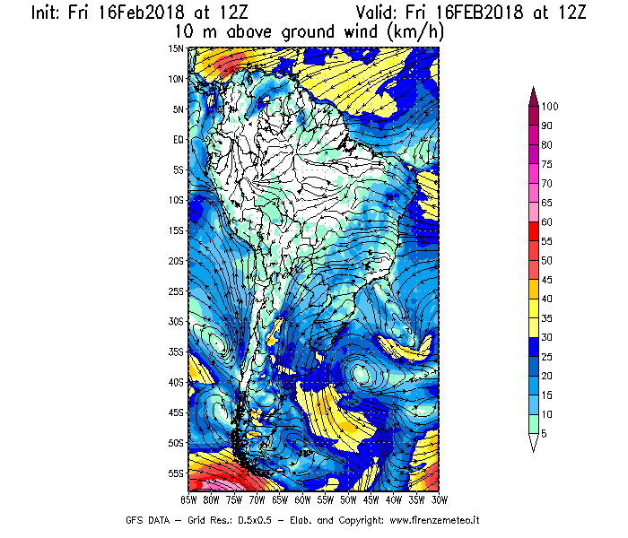 Mappa di analisi GFS - Velocità del vento a 10 metri dal suolo [km/h] in Sud-America
							del 16/02/2018 12 <!--googleoff: index-->UTC<!--googleon: index-->