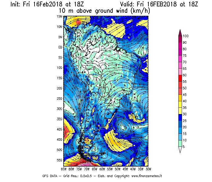 Mappa di analisi GFS - Velocità del vento a 10 metri dal suolo [km/h] in Sud-America
							del 16/02/2018 18 <!--googleoff: index-->UTC<!--googleon: index-->