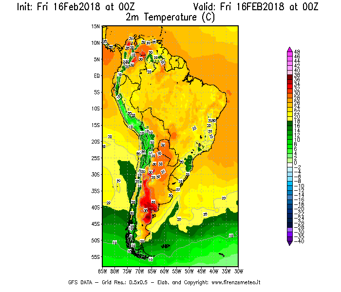 Mappa di analisi GFS - Temperatura a 2 metri dal suolo [°C] in Sud-America
							del 16/02/2018 00 <!--googleoff: index-->UTC<!--googleon: index-->