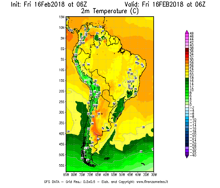 Mappa di analisi GFS - Temperatura a 2 metri dal suolo [°C] in Sud-America
							del 16/02/2018 06 <!--googleoff: index-->UTC<!--googleon: index-->