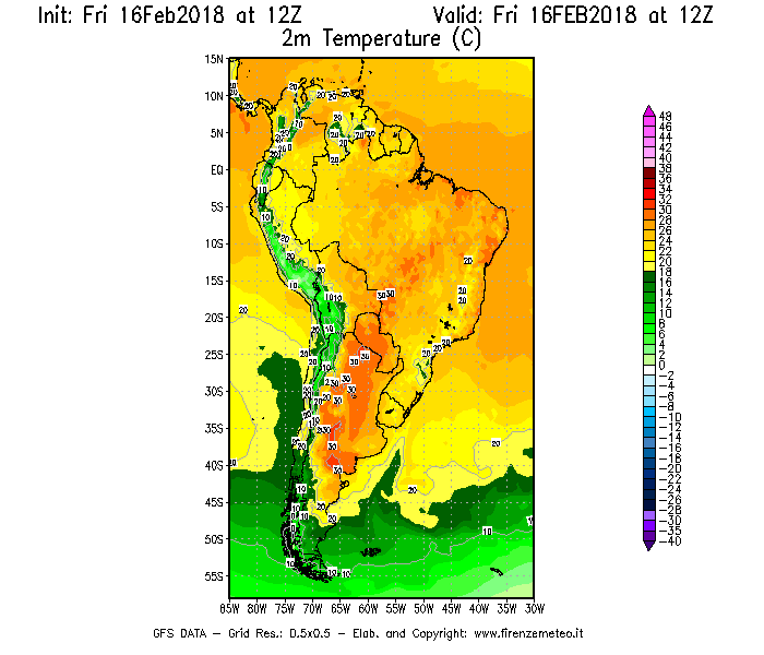 Mappa di analisi GFS - Temperatura a 2 metri dal suolo [°C] in Sud-America
							del 16/02/2018 12 <!--googleoff: index-->UTC<!--googleon: index-->