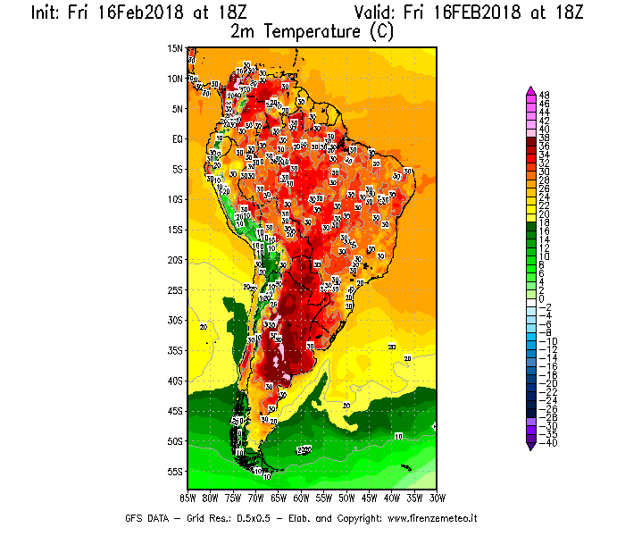 Mappa di analisi GFS - Temperatura a 2 metri dal suolo [°C] in Sud-America
							del 16/02/2018 18 <!--googleoff: index-->UTC<!--googleon: index-->