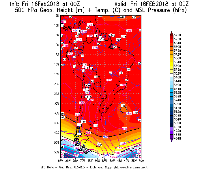 Mappa di analisi GFS - Geopotenziale [m] + Temp. [°C] a 500 hPa + Press. a livello del mare [hPa] in Sud-America
							del 16/02/2018 00 <!--googleoff: index-->UTC<!--googleon: index-->