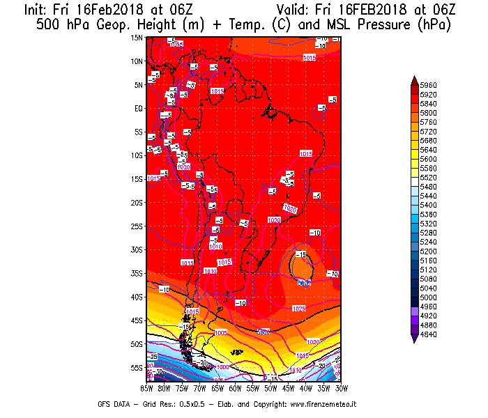 Mappa di analisi GFS - Geopotenziale [m] + Temp. [°C] a 500 hPa + Press. a livello del mare [hPa] in Sud-America
							del 16/02/2018 06 <!--googleoff: index-->UTC<!--googleon: index-->