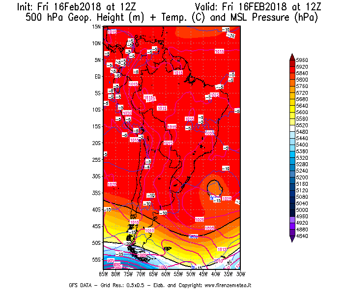 Mappa di analisi GFS - Geopotenziale [m] + Temp. [°C] a 500 hPa + Press. a livello del mare [hPa] in Sud-America
							del 16/02/2018 12 <!--googleoff: index-->UTC<!--googleon: index-->