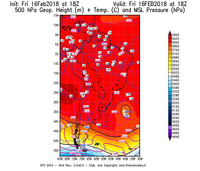 Mappa di analisi GFS - Geopotenziale [m] + Temp. [°C] a 500 hPa + Press. a livello del mare [hPa] in Sud-America
							del 16/02/2018 18 <!--googleoff: index-->UTC<!--googleon: index-->