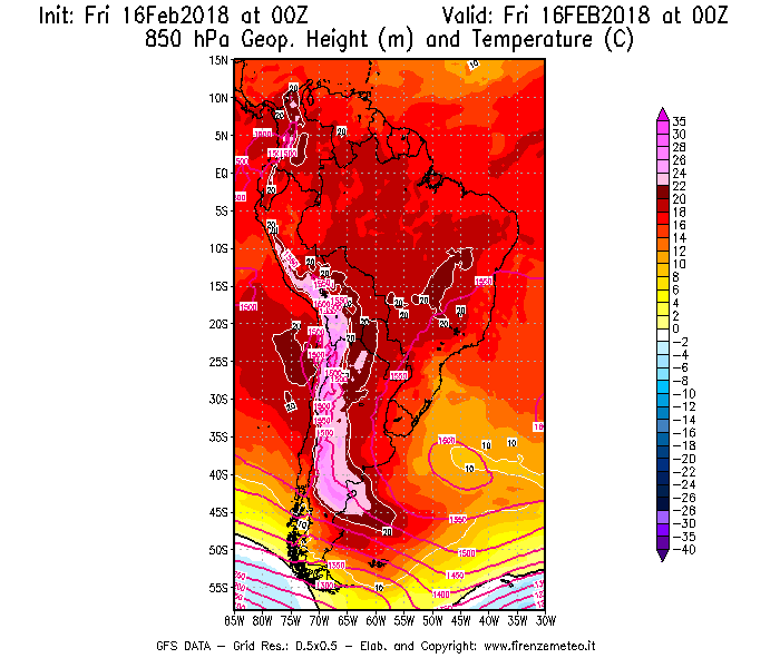 Mappa di analisi GFS - Geopotenziale [m] e Temperatura [°C] a 850 hPa in Sud-America
							del 16/02/2018 00 <!--googleoff: index-->UTC<!--googleon: index-->