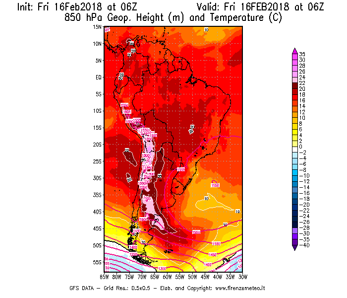 Mappa di analisi GFS - Geopotenziale [m] e Temperatura [°C] a 850 hPa in Sud-America
							del 16/02/2018 06 <!--googleoff: index-->UTC<!--googleon: index-->