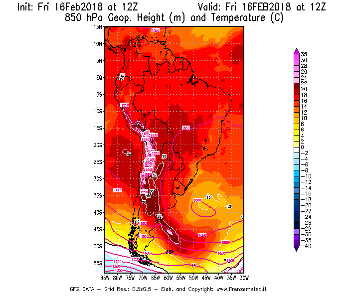 Mappa di analisi GFS - Geopotenziale [m] e Temperatura [°C] a 850 hPa in Sud-America
							del 16/02/2018 12 <!--googleoff: index-->UTC<!--googleon: index-->