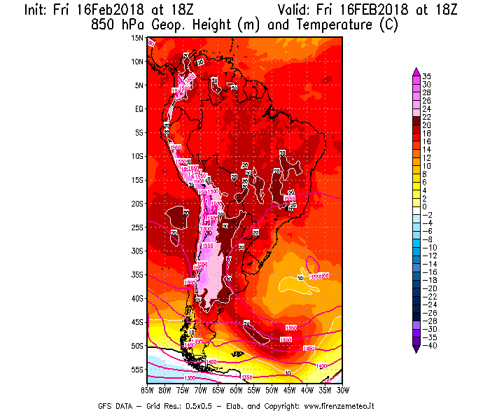 Mappa di analisi GFS - Geopotenziale [m] e Temperatura [°C] a 850 hPa in Sud-America
							del 16/02/2018 18 <!--googleoff: index-->UTC<!--googleon: index-->