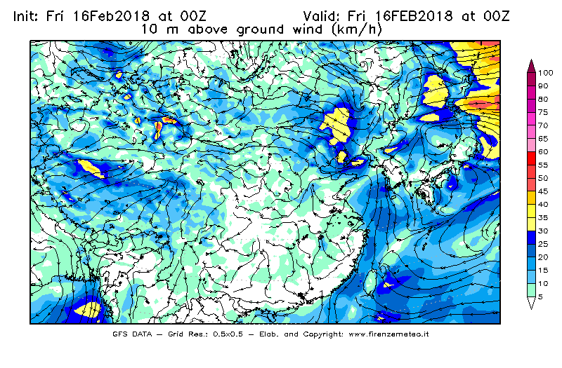 Mappa di analisi GFS - Velocità del vento a 10 metri dal suolo [km/h] in Asia Orientale
							del 16/02/2018 00 <!--googleoff: index-->UTC<!--googleon: index-->