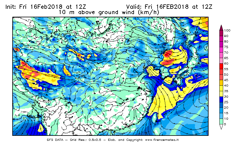 Mappa di analisi GFS - Velocità del vento a 10 metri dal suolo [km/h] in Asia Orientale
							del 16/02/2018 12 <!--googleoff: index-->UTC<!--googleon: index-->