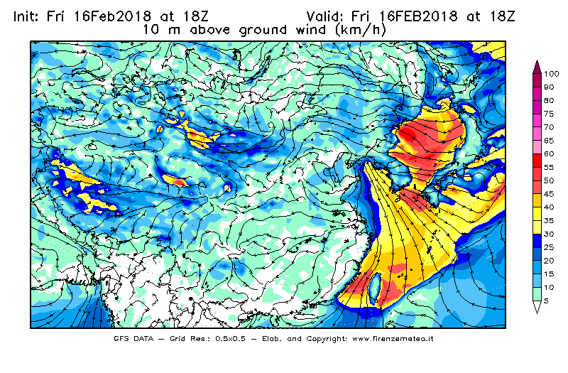 Mappa di analisi GFS - Velocità del vento a 10 metri dal suolo [km/h] in Asia Orientale
							del 16/02/2018 18 <!--googleoff: index-->UTC<!--googleon: index-->