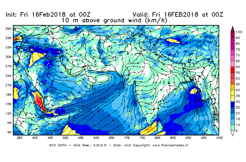 Mappa di analisi GFS - Velocità del vento a 10 metri dal suolo [km/h] in Asia Sud-Occidentale
							del 16/02/2018 00 <!--googleoff: index-->UTC<!--googleon: index-->